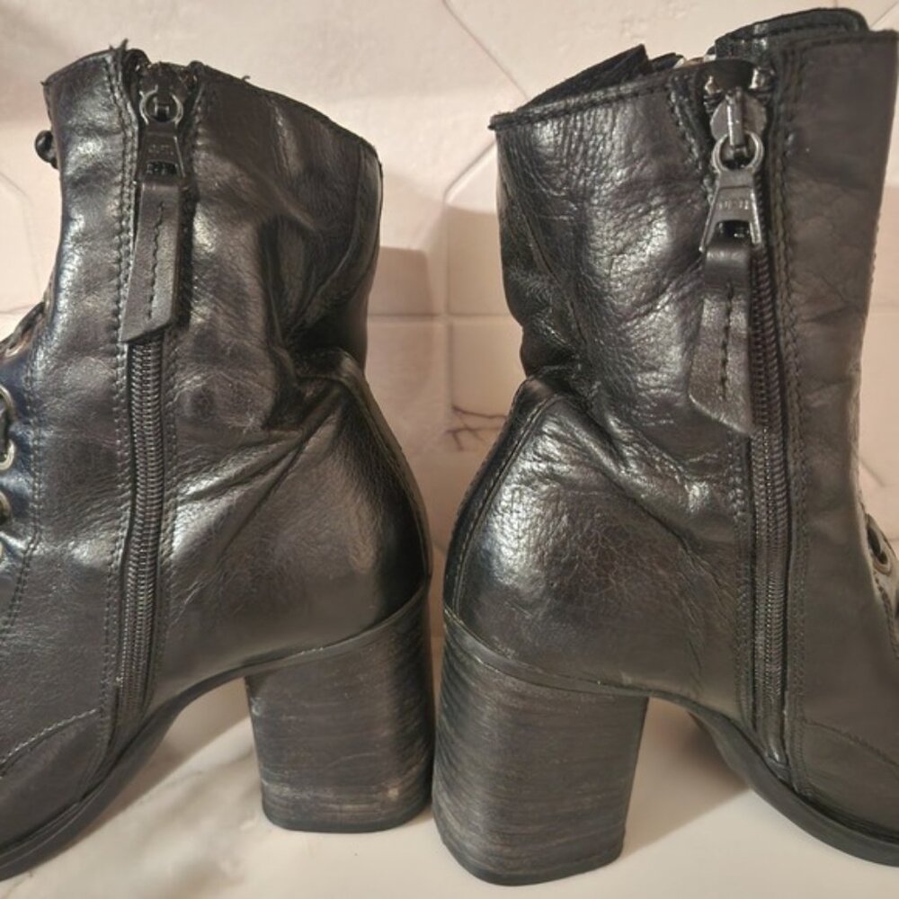 Black Leather Lace Up Zipper Block Heel Ankle Boots Women's Size 39 - Picture 5 of 8